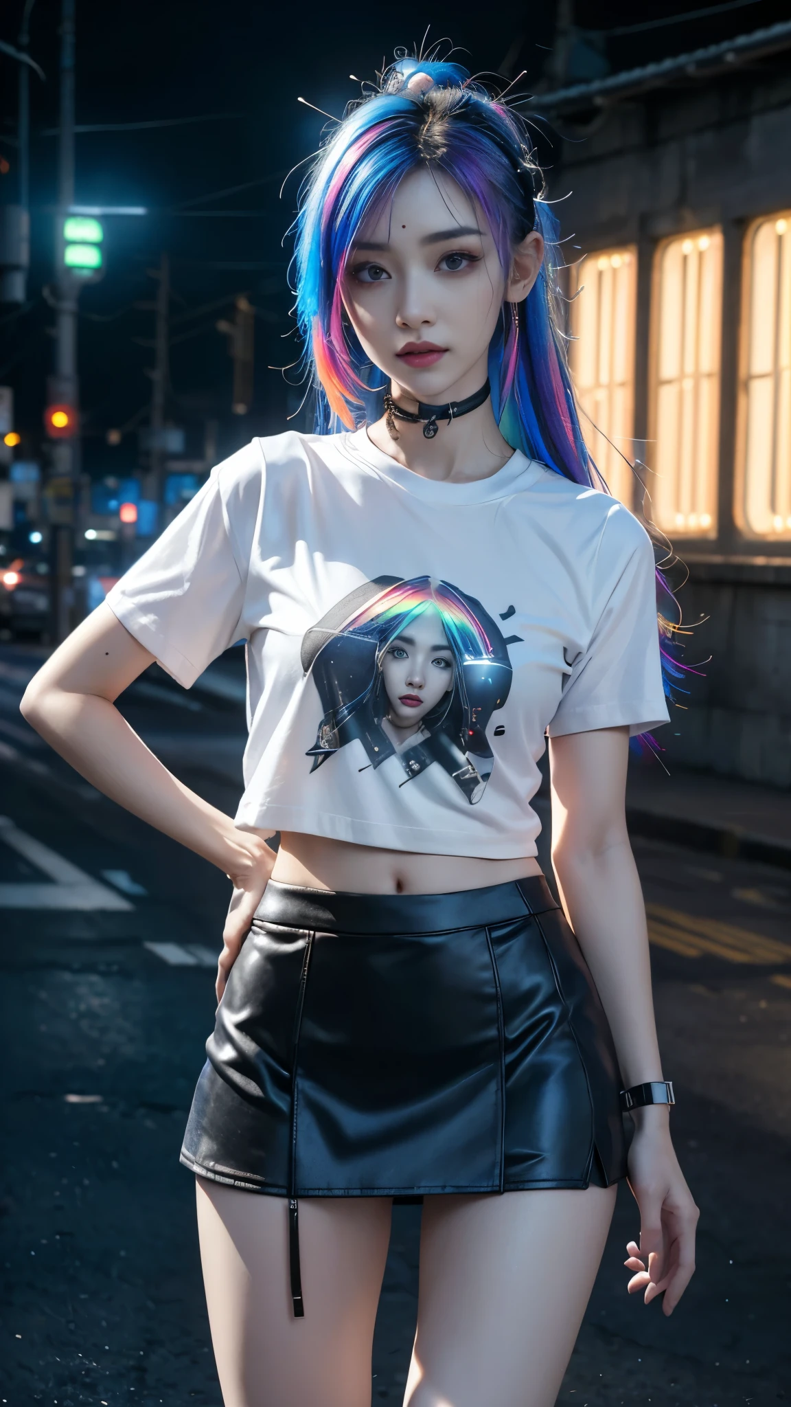 8k, UHD, masterpiece, 1 girl, ((good face)), very long hair, light makeup, (white skin:1.2), detailed eyes, small bust, simple cyberpunk clothing, ((rainbow t-shirt)), ((mini skirt)), (cyberpunk lighting:1.4), (building roadside), light effect, light reflection, ((spreading lights)), cyberpunk, cybercity, futuristic, (night), ray tracing, bloom, perfect pose,
