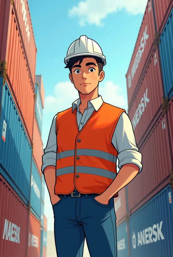 Hello, give me the image of a 2 man., who is a professional in International Business, clothing have customs worker clothes white helmet, orange safety vest and jeans, in the background is the DP WORLD port with Maersk containers, that has a hairstyle with a side part, black hair, and it has a watercolor outline, and the image can be seen up to the knee, that it be in the style of Studio Ghibli, and let his name Jorge Garcia come out, but he should be facing you and not have glasses on., but from Studio Ghibli, Add that the text reads International Business
