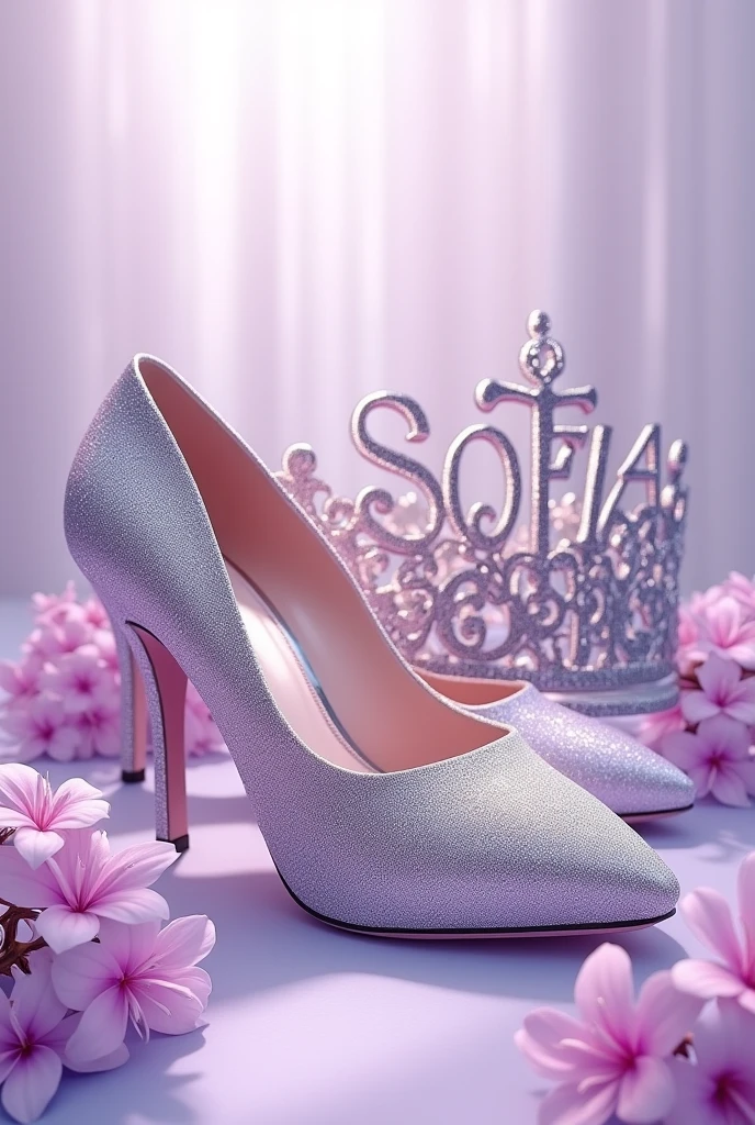 Illustration of a pair of women&#39;s lilac-colored high-heeled shoes with silver glitter next to a silver and lilac crown, which bears the name of very beautifully and brilliantly "sofia" and the phrase "my 15 years" with shiny metallic letters, on a background of lilac flowers, white and silver.