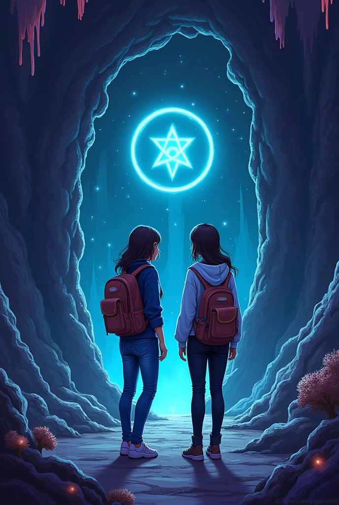 Inside a dimly lit cave, two young women discover a hidden entrance with glowing symbols. One wears a blue shirt and jeans, the other a white hoodie and black jeans. Both carry backpacks as bioluminescent fungi and crystals faintly illuminate the cave. 2D artstyle