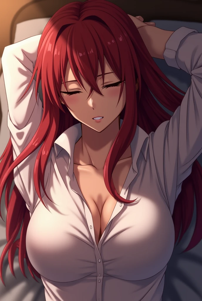 Animé fairy tail erza scarlet avec une chemise toute blanche erza scarlet qui se masturbe dans sont lit 