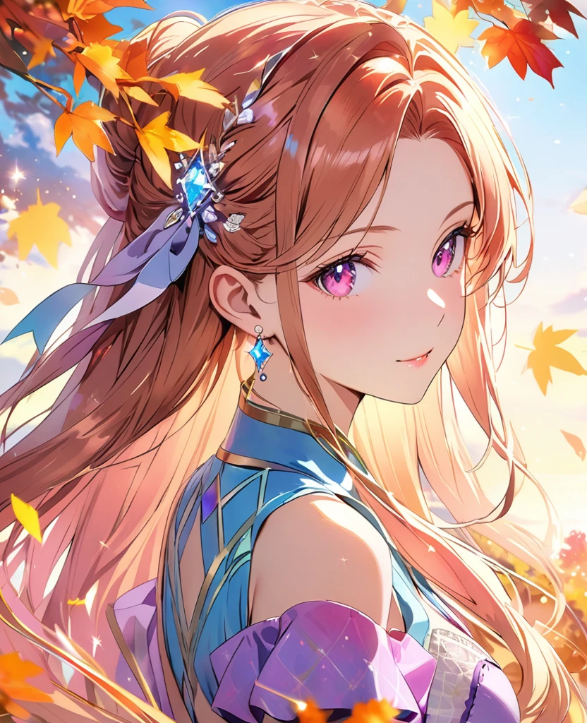 (8K, Highest quality, masterpiece:1.2),(Highest quality:1.0), (Ultra-high resolution:1.0), watercolor, Beautiful woman, shoulder, Costumes adorned with light refraction、Twinkling of the stars、Diamond Sparkle、Hair Ribbon, Agnes Cecil, Half Body Portrait, Super bright design, pastel colour, (ink:1.3), Autumn Light,