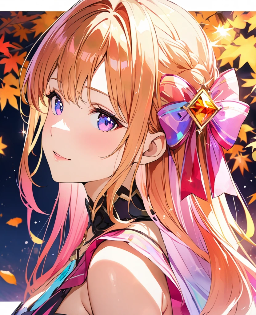 (8K, Highest quality, masterpiece:1.2),(Highest quality:1.0), (Ultra-high resolution:1.0), watercolor, Beautiful woman, shoulder, Costumes adorned with light refraction、Twinkling of the stars、Diamond Sparkle、Hair Ribbon, Agnes Cecil, Half Body Portrait, Super bright design, pastel colour, (ink:1.3), Autumn Light,