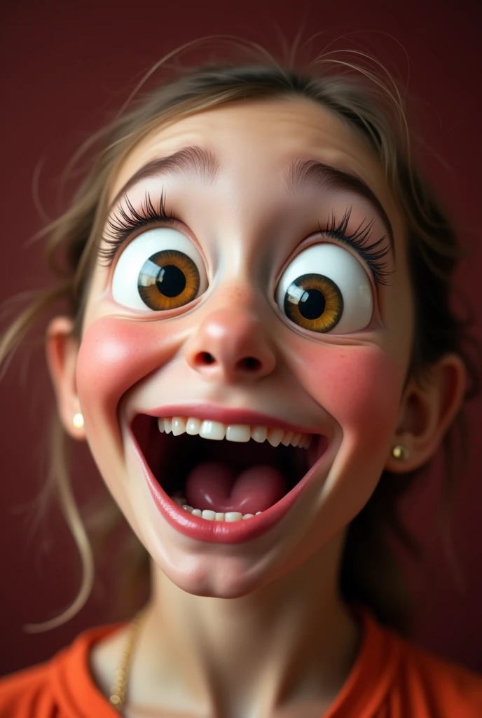 Create a humorous and exaggerated close-up portrait of a human face using a playful filter effect. The face should have oversized, cartoon-like eyes that are wide open, with large, shiny pupils and a slight reflection to give a glossy, animated look. The mouth should be unnaturally large, creating a funny, exaggerated smile. The skin tone should be natural, but with a soft, smooth texture. The background should be blurred with shades of deep red, and the overall image should have a slightly warm and playful tone, capturing a whimsical and lighthearted mood.