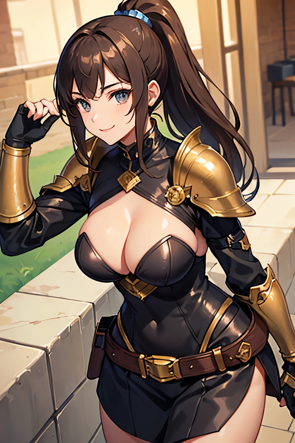 1 beautiful woman, High Ponytail, brown hair, leather armor knight, mega breasts, Emphasize the cleavage, at suburbs, shy-smile