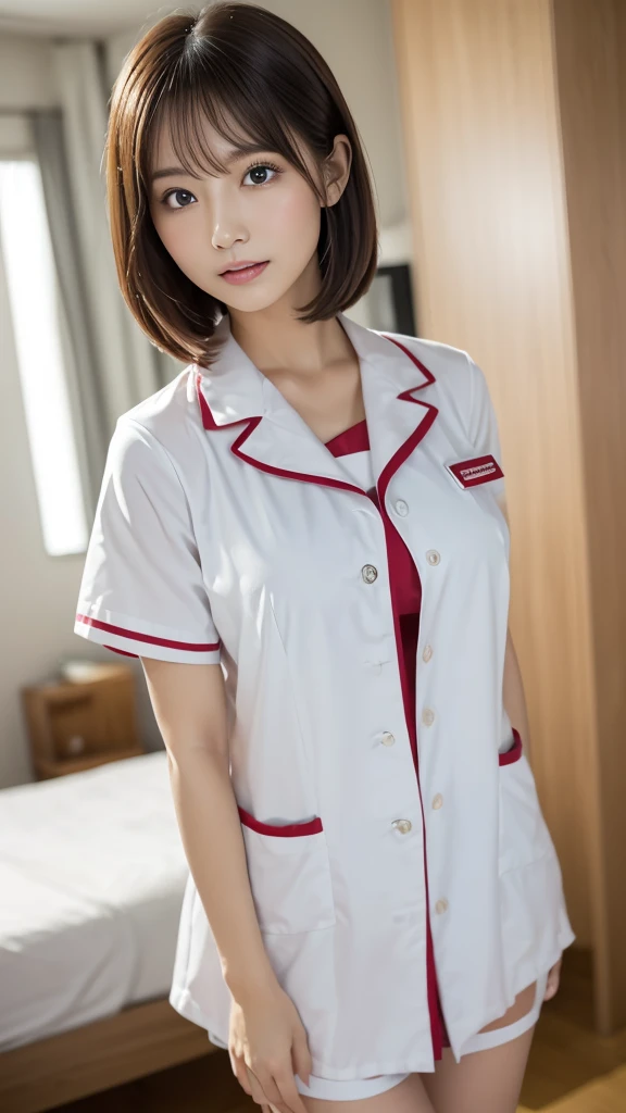 masterpiece, Highest quality, figure, Very detailed, In detail, High resolution, 8k wallpaper, Perfect dynamic composition, Beautiful attention to detail , slender, University Hospital Bed, ((Japanese nurse uniform, The button is off, Accentuate your breasts)) , Medium-sized breasts with a high firmness, A clean and mature face, ((Mouth open, Shy expression, Blushing), Random sexy poses, (((Photo taken from a distance, from the front)))