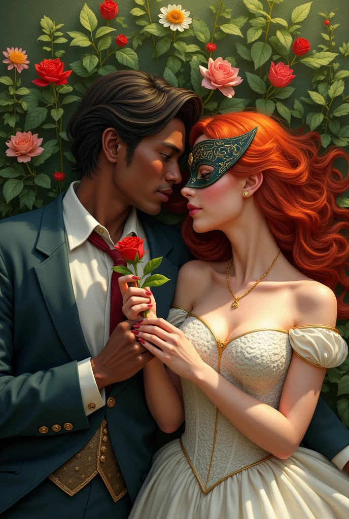 In a lush and green environment with flowers, two people - a prince and a princess are lying down, The princess has red hair and a mask.The prince was dark-skinned and very handsome., and was giving a red rose to the princess, The prince is white-skinned and handsome., and they lie on the ground, The prince has WHITE SKIN, AND THEY ARE LYING ON THE FLOOR THE PRINCESS HAS A MASK ON HER FACE THE PRINCE&#39;S SKIN SHOULD BE WHITE !!
