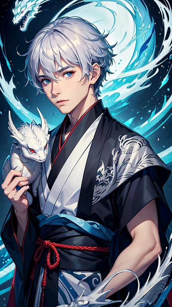 ((Highest quality)), ((masterpiece)), Handsome、kimono、mysterious、Upper Body、True Face、Short Hair、Beautiful eyes、bluish-silver hair、good looking、White dragon behind