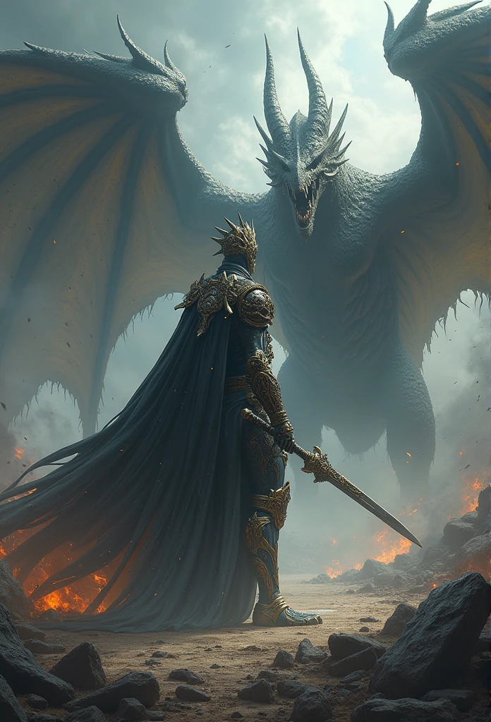 Realistic, 4K, Angel ,Skeleton King with intricate details, Detailed information items and skill images are displayed with dynamic effects + With big wings, sword, Wearing a hood、Confronting the Dragon,War background images (chaos)