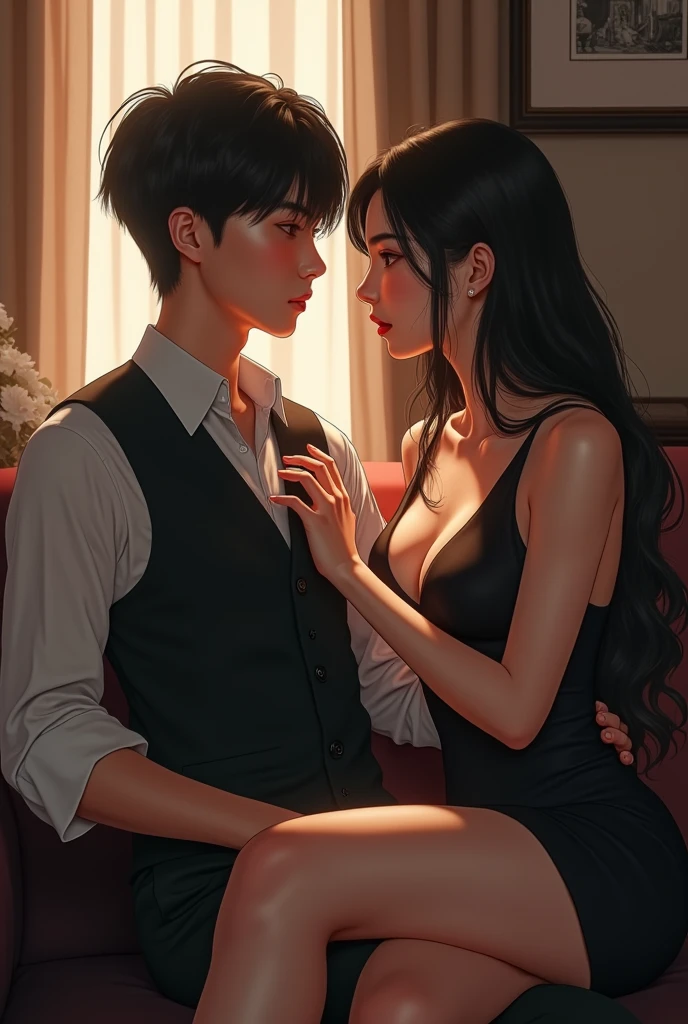 A beautiful girl with black hair and big breasts, and a man with black short hair wearing a jacket, their sitting on a chair at a coffee shop laughing