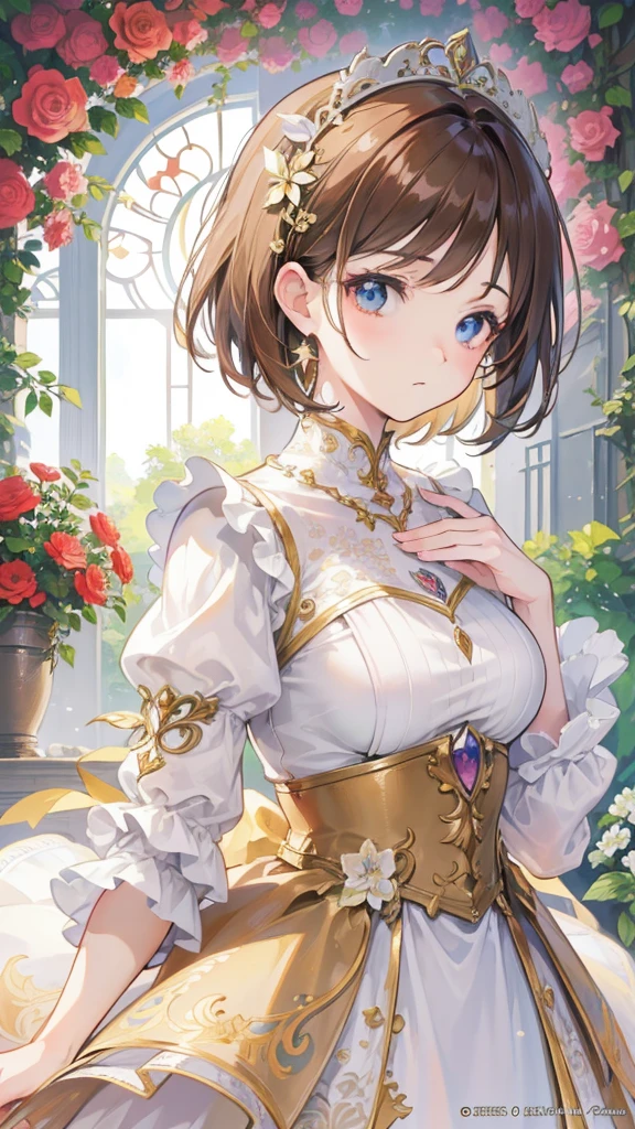 Official Art, Masterpiece European female face, short hair, lightbrown hair , brown eyes , flower garden , (​masterpiece、top-quality、hight resolution: 1.4),in 8K, Drawing of a woman with short lightbrown hair, Anime Art Nouveau, highly detailed exquisite fanart, anime fantasy illustration, clean detailed anime art, detailed anime art, Sharp Focus, Delicate Beautiful Hair and Eyes and Face, realisitic, ultra-detailliert, a beauty girl, sunlight