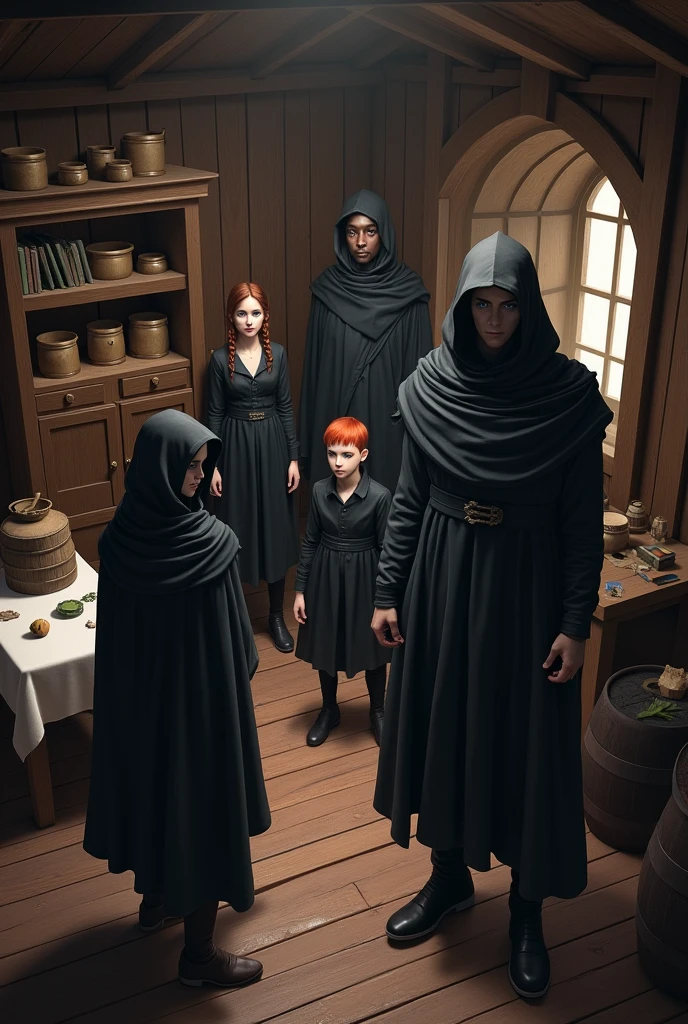 Create an image: Medieval wooden room, a shelf with pots, books and drawers, a table with a white cloth and barrels scattered around the room. There are five people in the room, all in black outfits, hood and hems. The appearance of people are: a brunette with braided hair, a boy with red hair and blue eyes, one with blond hair and green eyes, a tall dark man, and a tall man, stark, blackquality hair, blue eyes and menacing appearance.