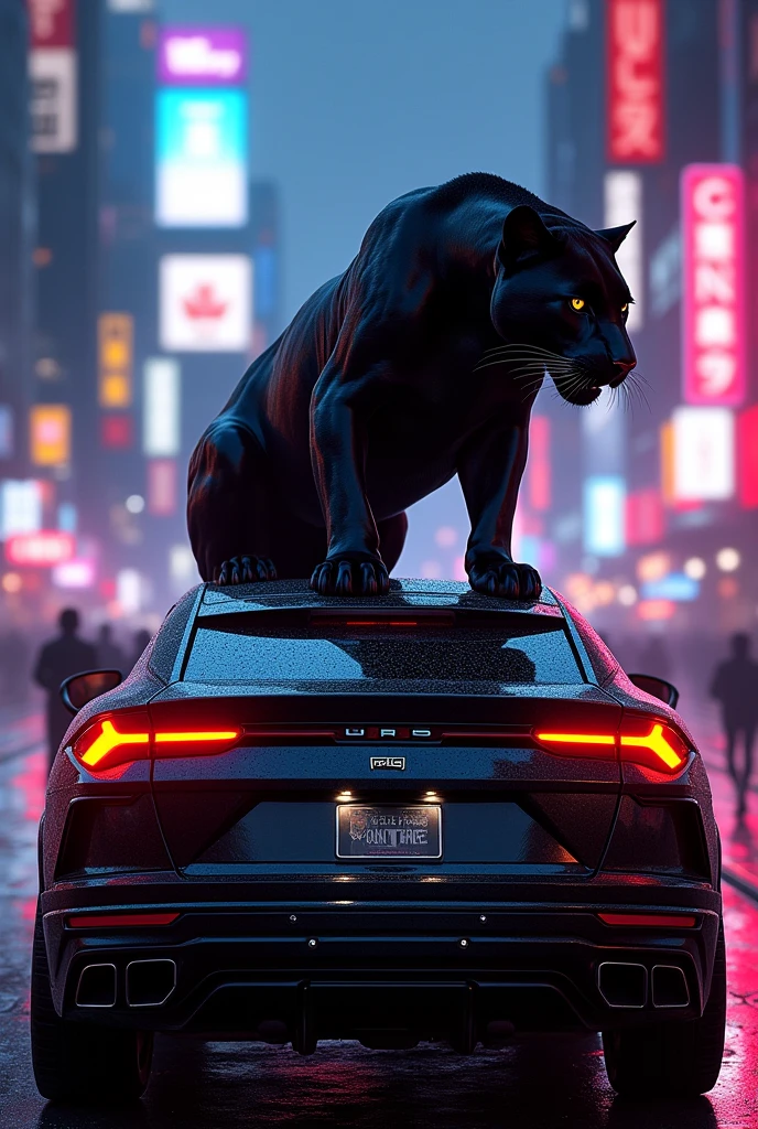 Black panther sitting on Lamborghini urus in black city in neon light back side