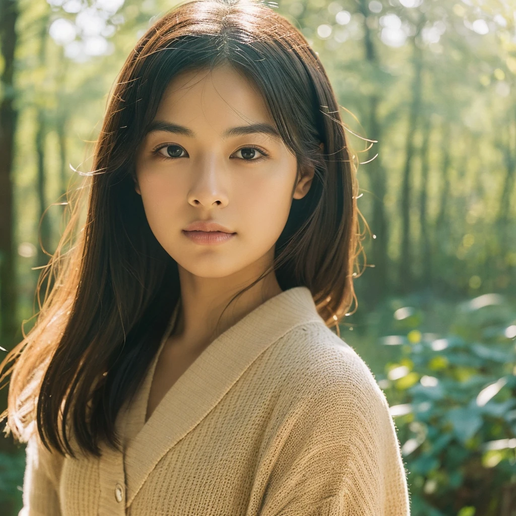 A hyper-realistic image of a single Japanese woman in her early 20s, captured with the nostalgic warmth and subtle graininess of a film camera. Her skin has a warm beige tone with a natural, slightly rough texture that includes visible pores, fine lines, and subtle imperfections such as small blemishes, adding to the authenticity of her appearance. The soft, diffused natural light enhances the film-like quality, casting gentle shadows that create a timeless, organic feel. Her straight, glossy black hair frames her face in a natural, slightly tousled manner, and her deep brown eyes reflect the ambient light, adding depth and emotion. The film camera effect introduces a slight grain and a softer focus, giving the image a warm, nostalgic atmosphere while maintaining the realistic texture of her skin. She is dressed simply, in a way that complements her natural beauty, with the overall composition designed to evoke a sense of genuine, understated elegance. The use of natural light, combined with the deliberately rougher texture of her skin and the film-like qualities, ensures that this image captures the imperfections that make her beauty truly lifelike, focusing solely on this one individual.