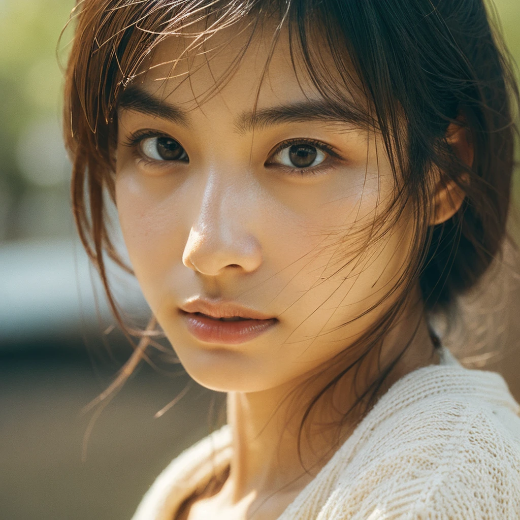 A hyper-realistic image of a single Japanese woman in her early 20s, captured with the nostalgic warmth and subtle graininess of a film camera. Her skin has a warm beige tone with a natural, slightly rough texture that includes visible pores, fine lines, and subtle imperfections such as small blemishes, adding to the authenticity of her appearance. The soft, diffused natural light enhances the film-like quality, casting gentle shadows that create a timeless, organic feel. Her straight, glossy black hair frames her face in a natural, slightly tousled manner, and her deep brown eyes reflect the ambient light, adding depth and emotion. The film camera effect introduces a slight grain and a softer focus, giving the image a warm, nostalgic atmosphere while maintaining the realistic texture of her skin. She is dressed simply, in a way that complements her natural beauty, with the overall composition designed to evoke a sense of genuine, understated elegance. The use of natural light, combined with the deliberately rougher texture of her skin and the film-like qualities, ensures that this image captures the imperfections that make her beauty truly lifelike, focusing solely on this one individual.