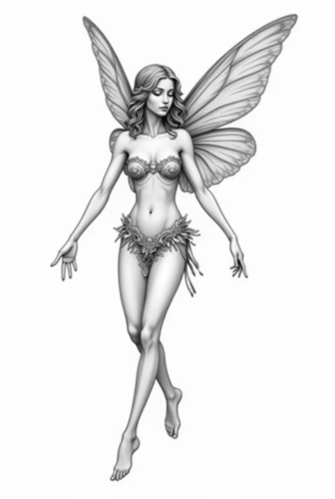 A 4k quality adult coloring book page of a fairy, based on historic writings, high detail, no color, no darkened areas, no grey scale, no shadow.