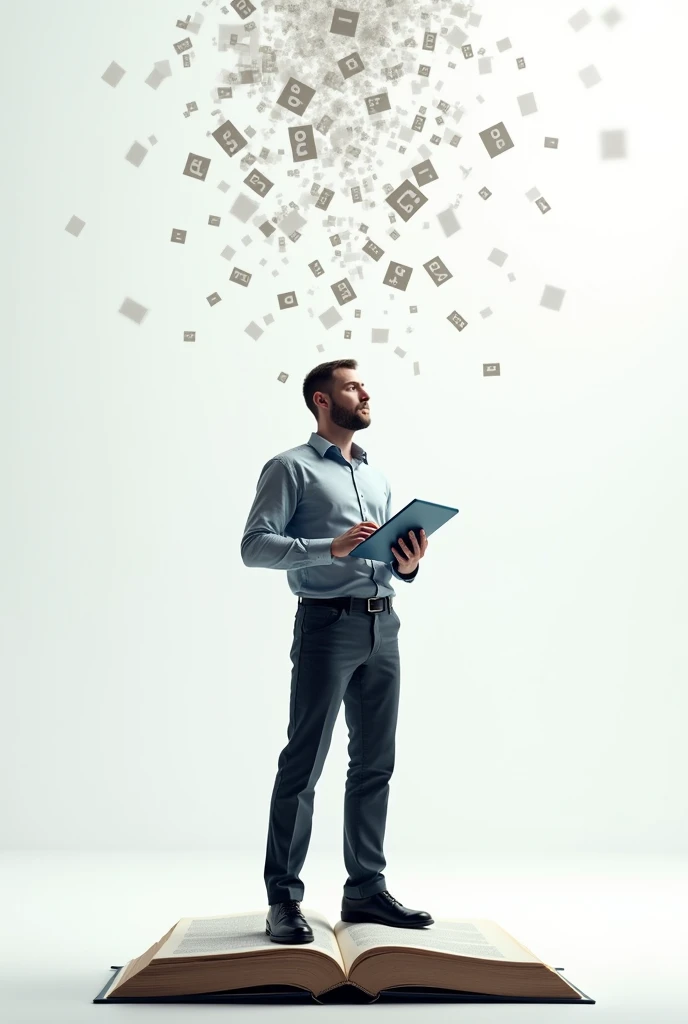 A complex image with a simple big meaning, letters falling on digital on a computer keyboard text keys falling, a real technician
man standing on a book holding a tab white background