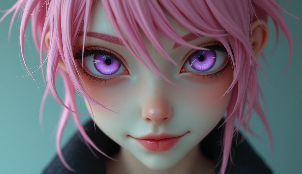 (masterpiece, best quality), intricate details, thin, ((slim)), beautiful girl, Light pink hair, white skin, light purple eyes, sharp jawline, cropped jacket, messy hair, lips, upper body, close up, smirk