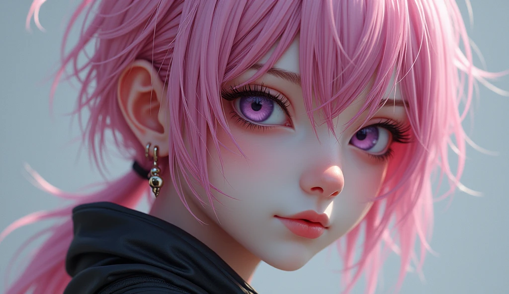 (masterpiece, best quality), intricate details, thin, ((slim)), beautiful girl, Light pink hair, white skin, light purple eyes, sharp jawline, cropped jacket, messy hair, lips, upper body, close up, smirk