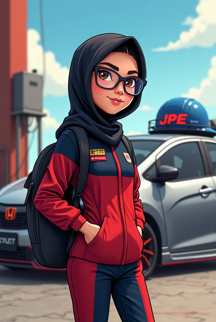 fat large girl with glasses wearing black hijab. wearing red and dark blue oil and gas coverall. black backpack, blue helmet with JPE logo font in red. modified silver honda jazz gk5 RS 2018 background. cartoon.