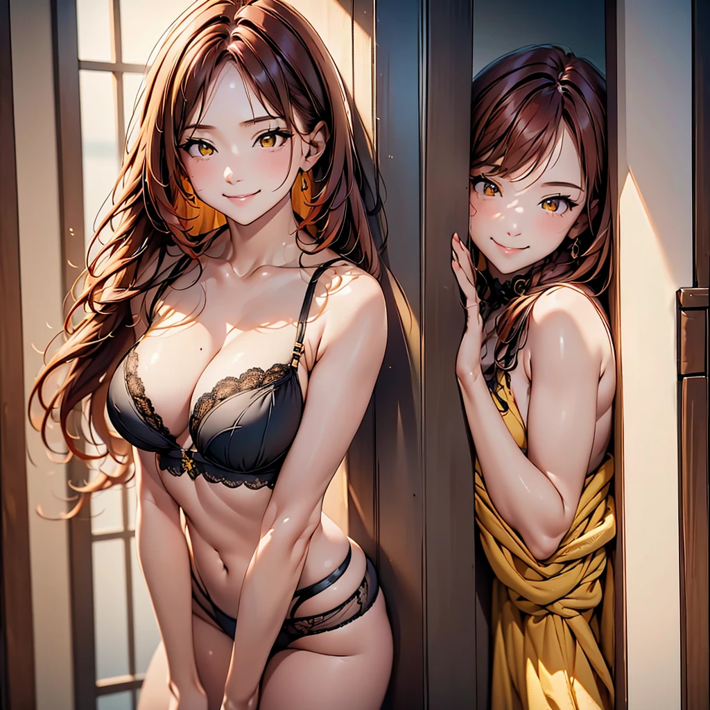 women, natural redhead, long hair with 2 braids, honey yellow eyes, in black lingerie, standing leaning against the wall, Whole body, mischievous smile, bright smile, chest a little big.