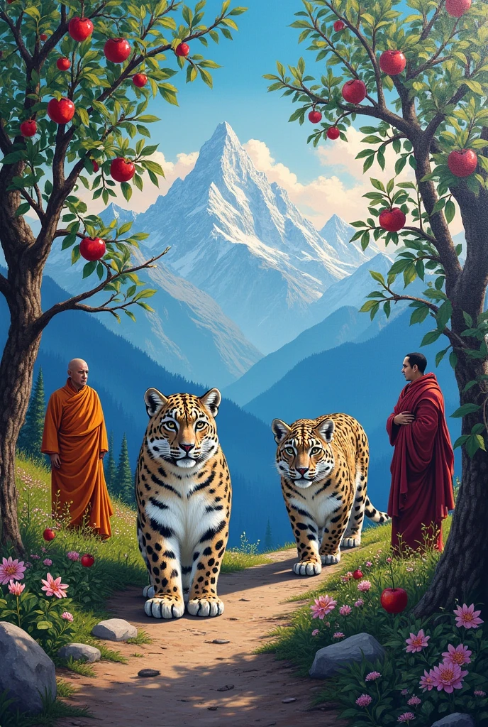 Acrylic painting, snow leopards , apple orchards, monks, himachal tribe , mountains , and himachal landscape