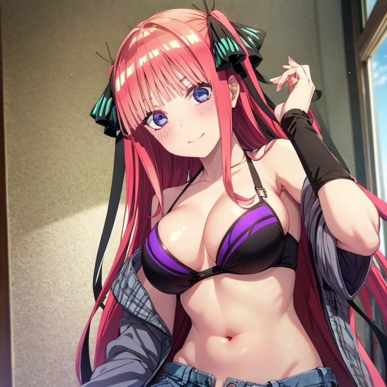 best quality, insanely detailed, nino nakano, breasts, blush, bedroom background, looking at viewer, cheerful eyes, arousal, bikini tops, tankini, short pants bottoms