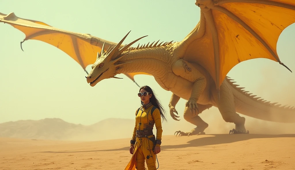 A large golden dragon flies with its back to a woman., A woman dressed in female character wearing goggles stands in the desert., in the style of cyberpunk imagery.Desert Scene