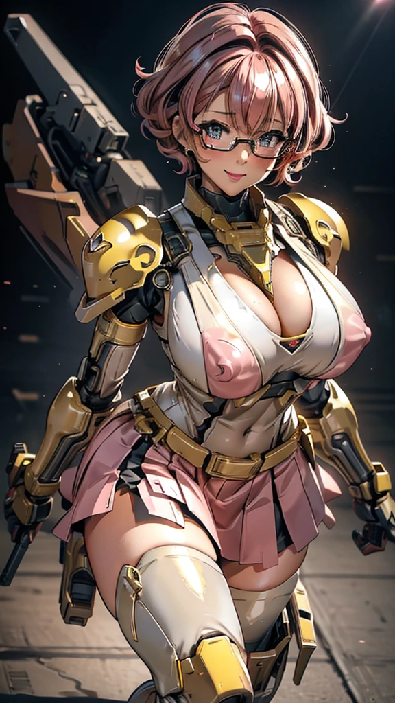 Yellow translucent armor，Arm mecha，Short pink hair，curly hairstyle，Large Breasts，Cleavage，Pistol hanging from waist，fighter pilot，fighter hangar，Sexy，lipstick，Gray eyes，stockings，Short skirt，Smile，red glasses，earrings，lipstick，Nipple exposure