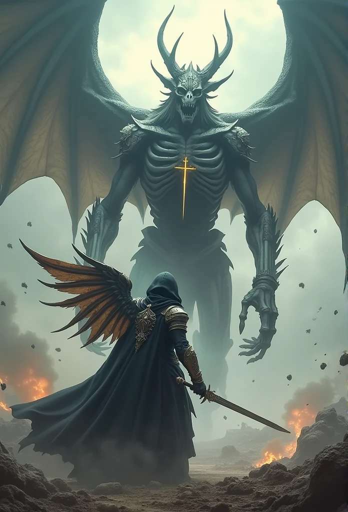 Realistic, 4K, Angel ,Skeleton King with intricate details, Detailed information items and skill images are displayed with dynamic effects + With big wings, sword, Wearing a hood、Back view,Confronting the Dragon,War background images (chaos)