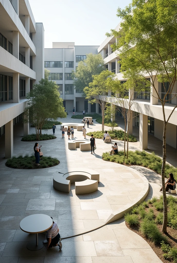 In an area of 500 square meters, a university courtyard is created where daily activities are carried out, generating spaces with level changes using the depressed topography with concrete furniture and tables that have a fluid path.


