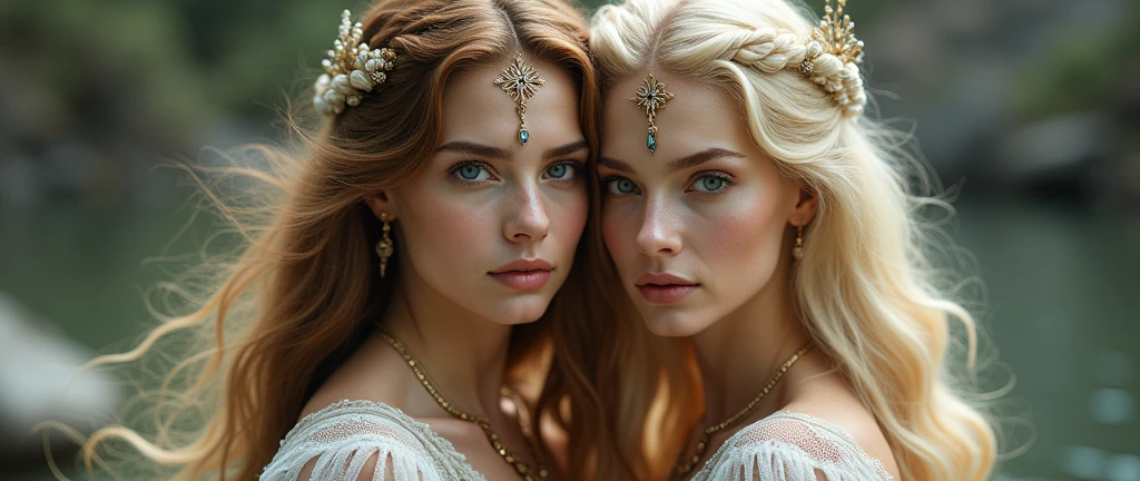 とても美しい二人の処女神のwhole body画像, Brown-haired Artemis from Greek mythology, Freyja the Blonde in Norse Mythology, whole body, Looking at the camera