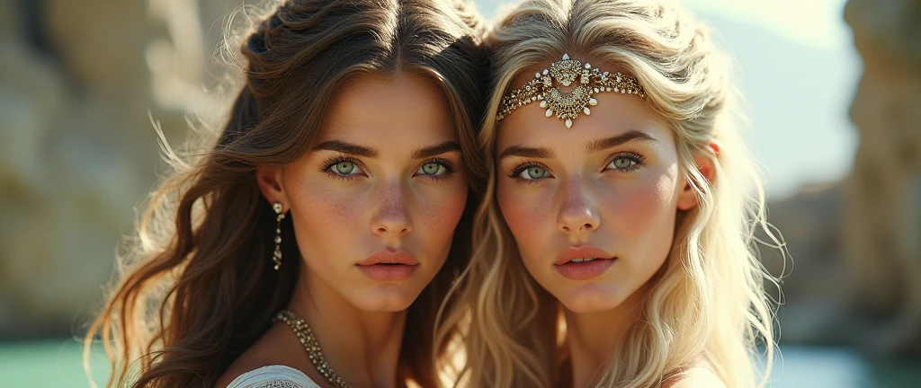とても美しい二人の処女神のwhole body画像, Brown-haired Artemis from Greek mythology, Freyja the Blonde in Norse Mythology, whole body, Looking at the camera