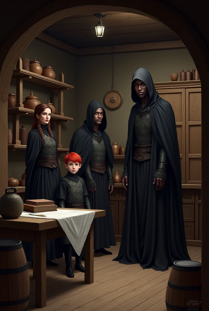 Create an image: Medieval wooden room, a shelf with pots, books and drawers, a table with a white cloth and barrels scattered around the room. There are five people in the room, all in black outfits, hood and hems. The appearance of people are: a brunette with braided hair, a boy with red hair and blue eyes, one with blond hair and green eyes, a tall dark man, and a tall man, stark, blackquality hair, blue eyes and menacing appearance.