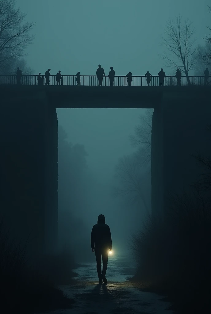 Photo of a bridge with two sides, One side is dark , There are many people standing over there.. And there was only one person holding a flashlight walking towards the bridge.