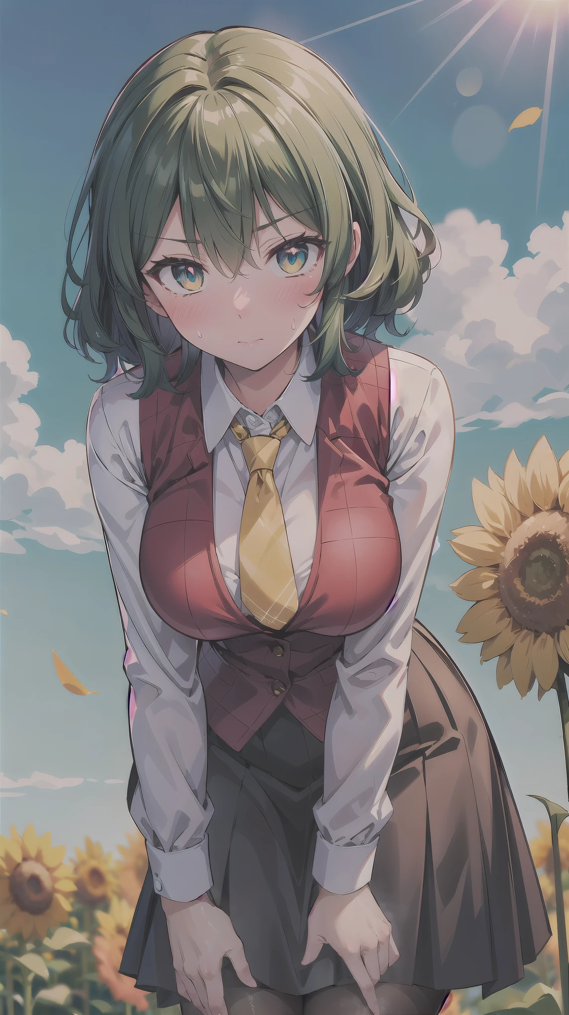 （（super high quality,Ultra-high resolution,16K,super masterpiece,Ultra HD ,Detailed shading,））One Woman,Shiny, light emerald-colored short hair with wavy, tousled hair caused by the wind,White dress shirt,Long sleeve,Yellow ruffled tie,（Unbuttoned red checked vest,A red checkered very long skirt that was blown up by the wind,）Black tights,Ruby eyes,Vertical pupil,Sharp Eyes,Embarrassing,blush,Sweaty,Touching the head with one hand,Many yellow petals blowing up,Leaning forward greatly,a blue sky with clouds and sun,Sunflower field,