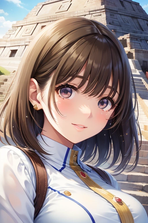 anegasaki nene、Shiny brown hair, short hair, (Beautiful brown eyes、Sparkling eyes, Fine grain)、smile、Ultra-detailed eyes、Highly detailed face, Highly detailed eyes,
(masterpiece, Highest quality:1.1), Cute Face,Have a nice trip,(Teotihuacan Civilization,Pyramid of the Sun),Mexico,
Beautiful detailed scenery, Beautiful lighting,very happy,Dynamic pose,Portrait Photography, sharp,An illustration:unreadable,