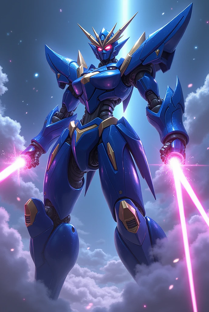 anime, Giant Robot, Uplifting,Junmin, Goddess-like, A full-body image of an indigo and navy blue female super robot fighting with lasers coming out of its hands, , Simple Background,universe,