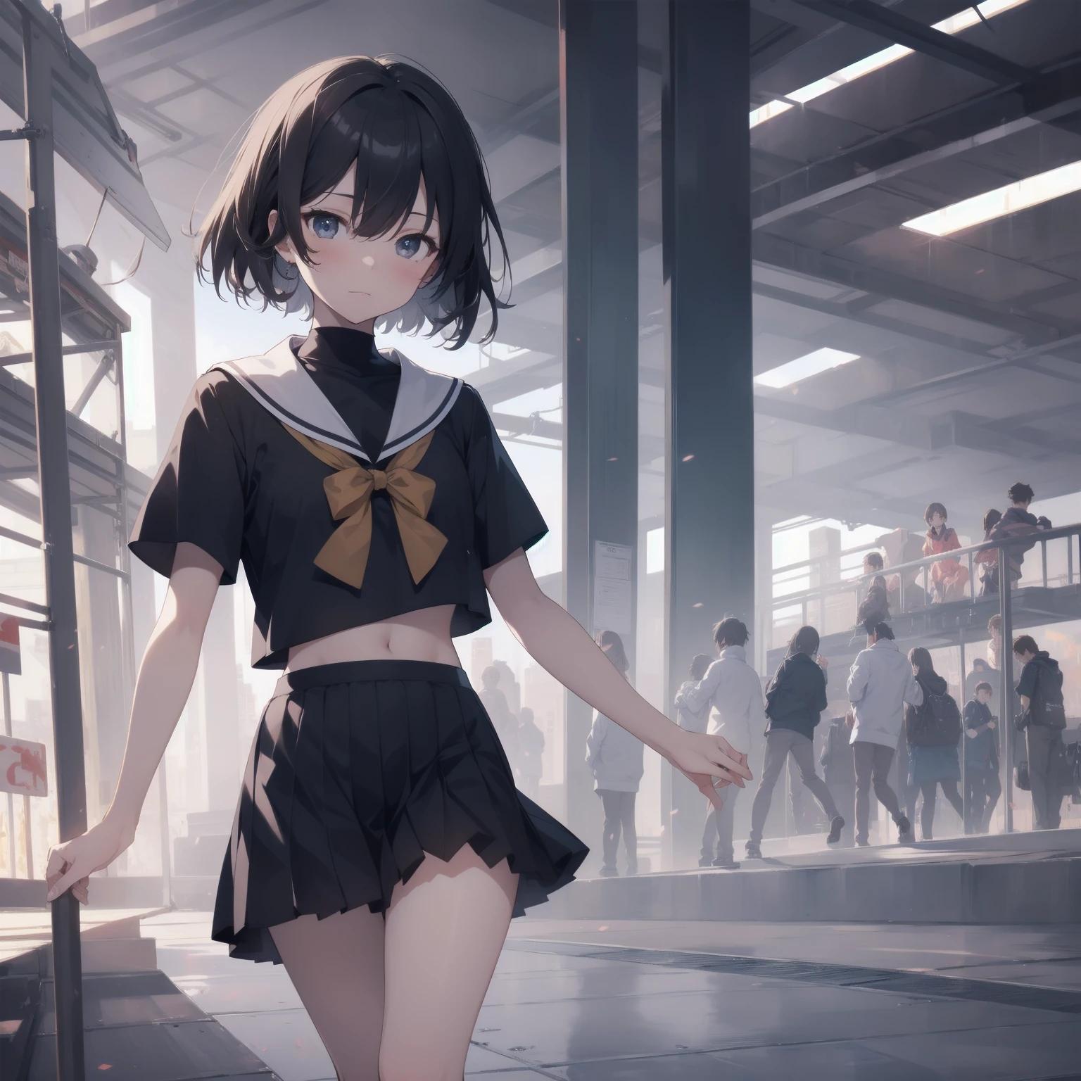 ultra-absurdres-Top quality by artist God, ultra-detailed, high resolution, anime moe artstyle, best anime 8k konachan wallpaper, pixiv contest winner, pool:2810, perfect anatomy,break, 1girl, (Please draw a girl walking sleepily to school alone. )break,(Solo,little female,15yo:1.3),Full limbs, complete fingers,a junior high school student, (very short hair), short cut, flat chest, , small butt, small black eyes, beautiful detailed eyes, well-proportioned iris and pupils, expressive eyes, highres detailed hair, soft expression, salor school_uniform, sailor collar, serahuku, bow, pleated skirt,(Detailed Lighting), (Detailed background), in the School commute route. break,super detailed skin, Best cinematic lighting powered by famous artist, 8k,beauty illustration,photoshop_(medium),very aesthetic,break,((artist:mery_(yangmalgage) )), artist:clamp ,artist:carnelian ,artist:kantoku ,