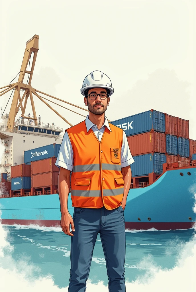 Hello, give me the image of a 2 man., who is a professional in International Business, clothing have customs worker clothes white helmet, orange safety vest and jeans, in the background is the DP WORLD port with Maersk containers, that has a hairstyle with a side part, black hair, and it has a watercolor outline, and the image can be seen up to the knee, that it be in the style of Studio Ghibli, and let his name Jorge Garcia come out, but he should be facing you and not have glasses on., but from Studio Ghibli, Add that the background text reads International Business, that is tender