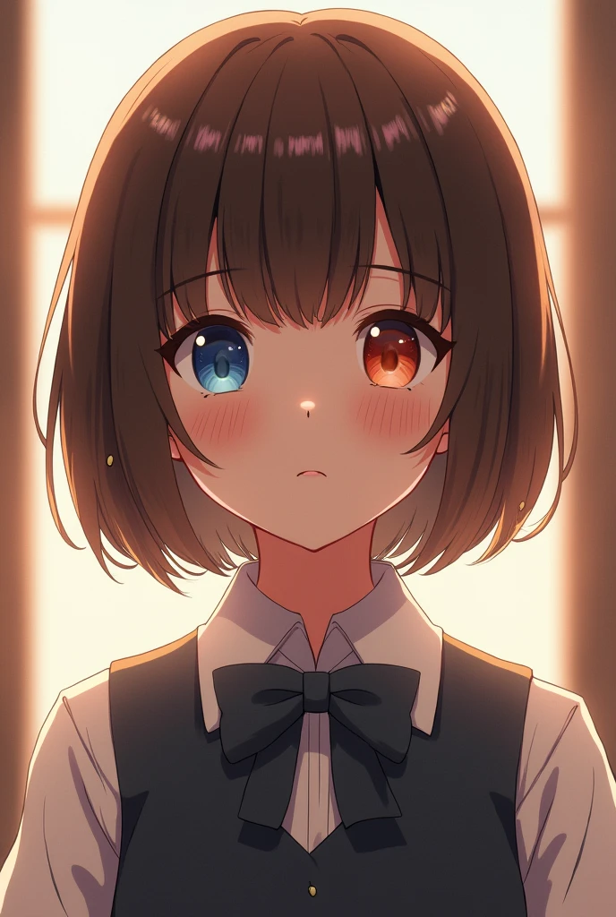child, like , Short brown straight hair, eyes of different colors, one blue and the other orange-red, He wears elegant but modest clothes. anime style.