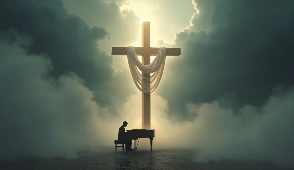 a powerful scene with a solitary wooden cross, standing majestically atop a platform surrounded by swirling mists. A white cloth is draped over one arm of the cross, catching the light from within the structure, which shines outward, piercing the surrounding darkness. The atmosphere is ethereal and mystical, set against a backdrop of a dark, stormy sky, suggesting a moment of divine significance or spiritual revelation. The overall mood is solemn and awe-inspiring, evoking a sense of reverence and mystery. a pianist playing a grand piano in the middle