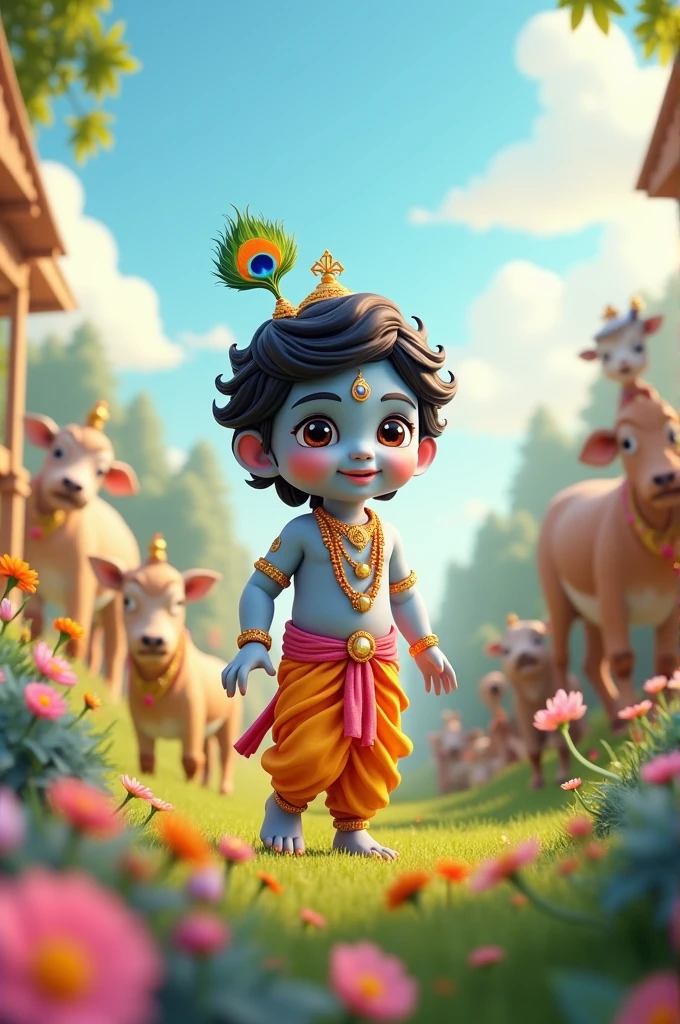 cute krishna,village ezhumattoor,baby cpeacocks,highly detailed,hyper realistic,cinematic lighting,vibrant colors,8k,photorealistic,masterpiece,award winning,intricate details