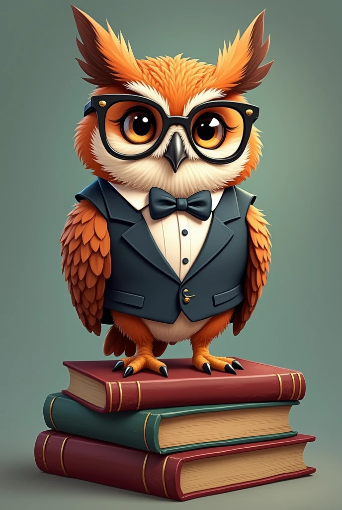 An owl wearing a Suit and bow tie and glasses on top of some books, cartoon
