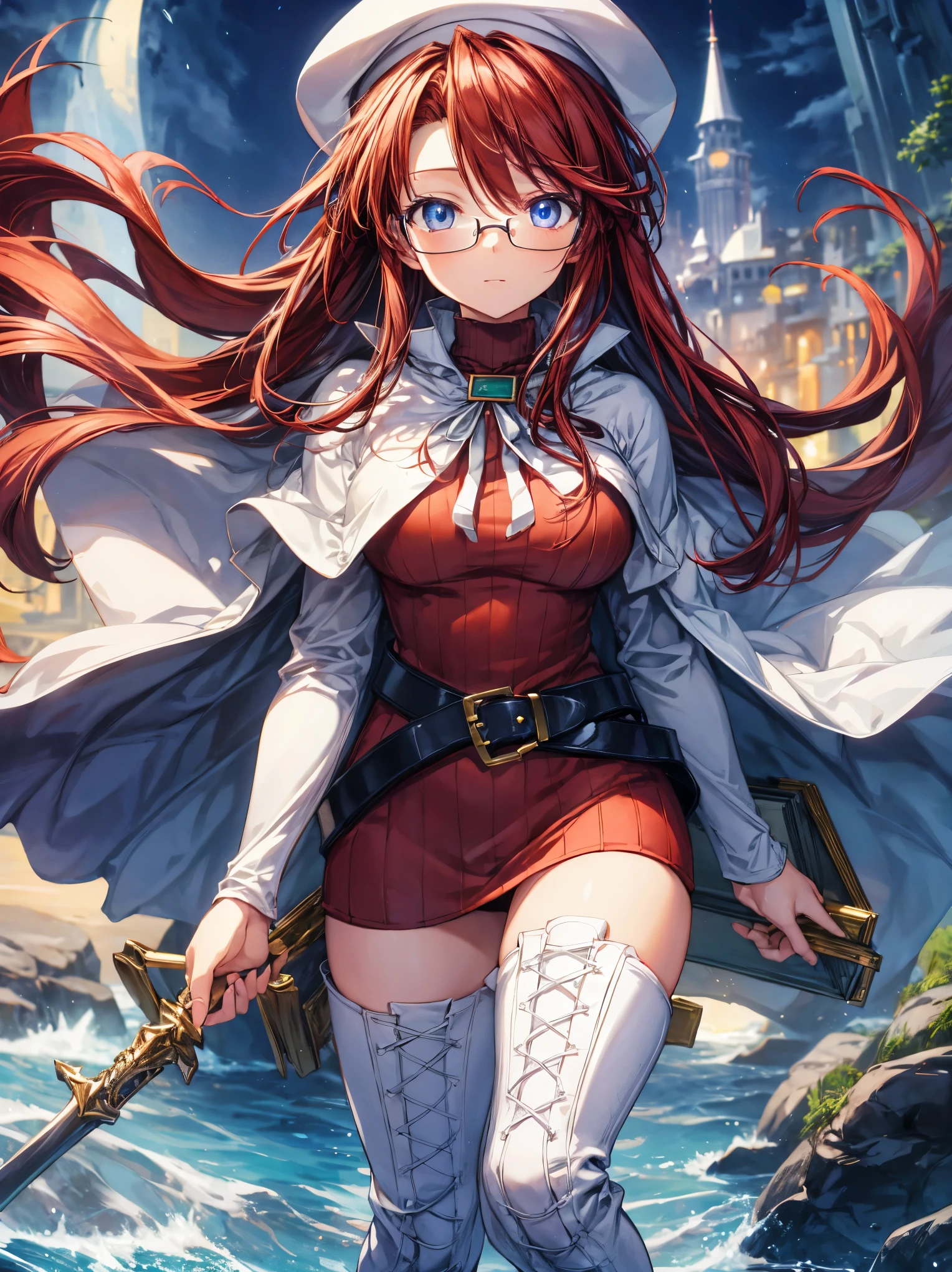 summonnightaty, aty, (young:1.3),long hair, blue eyes, red hair, big_tits, hat, glasses,
BREAK long hair, thighhighs, hat, dress, naked_legs, glasses, belt, cape, sweater, zettai ryouiki, beret, thigh boots, white footwear, ribbed sweater, loose belt,solo,
BREAK outdoors, fantasy,on_beach,
,Highquality_hads,perfect_fingers,
BREAK (masterpiece:1.2), best quality, high resolution, unity 8k wallpaper, (illustration:0.8), (beautiful detailed eyes:1.6), extremely detailed face, perfect lighting, extremely detailed CG, (perfect hands, perfect anatomy),covered_nipples,covered_navel ,half_eyes,long_sword,sleepy_eyes,red_sweater,apart_knees,magical_effect,spread_legs, book,have_a_book,teacher,rise_knee,Smile,rise_hand,look_down_viewer,open_arms,night_town_landscape,looking_into,plump,open_mouth, dynamic_posing,solo