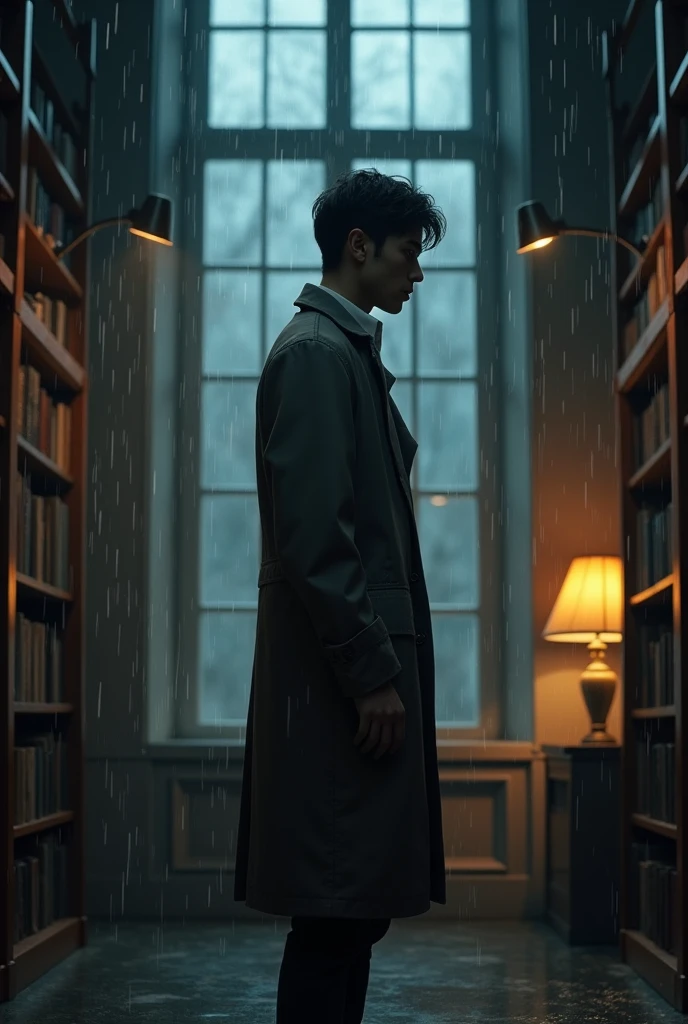 A tall, slim man with short dark hair, dressed in a raincoat and a white shirt underneath. He stands in a midnight library while rain falling on the window.