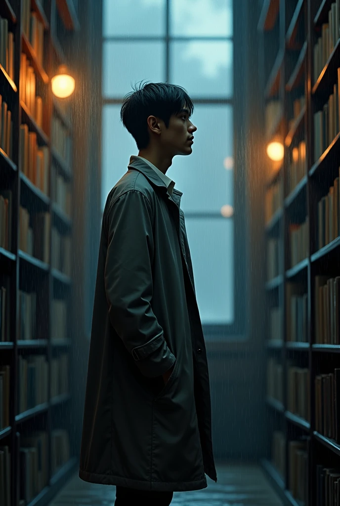 A tall, slim man with short dark hair, dressed in a raincoat and a white shirt underneath. He stands in a midnight library while rain falling on the window.