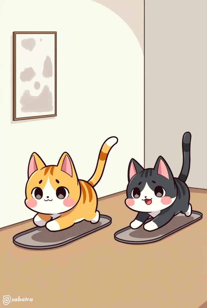 Mascots、Anime Style、Cat Racing、Brown floor、In a room with white walls、Japanese Cat、Sabatra、Just the two of them、Running on a cat wheel
