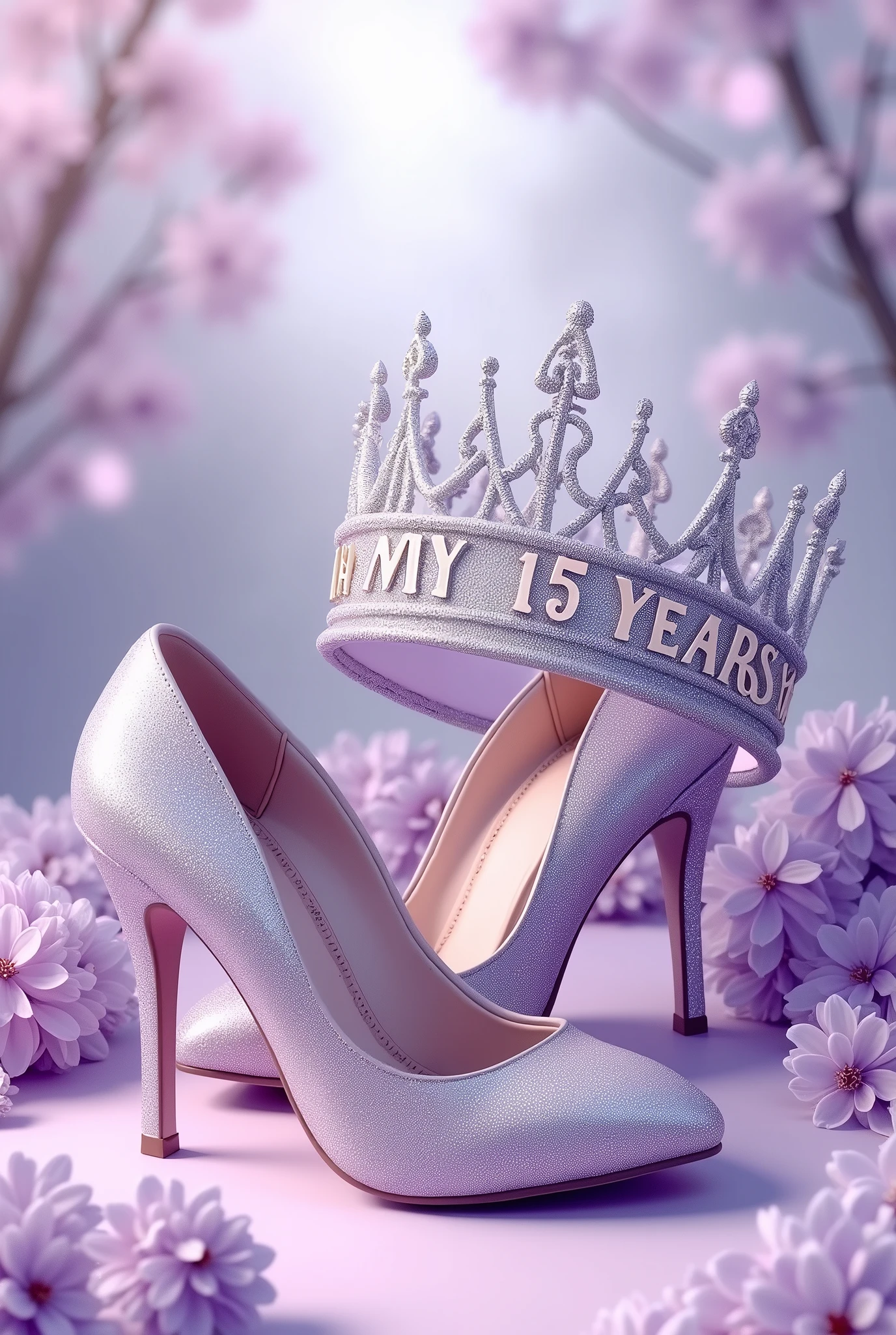 Illustration of a pair of women's lilac-colored high-heeled shoes with silver glitter next to a silver and lilac crown, which bears the name of very beautifully and brilliantly "sofia" and the phrase "my 15 years" with shiny metallic letters, on a background of lilac flowers, white and silver.