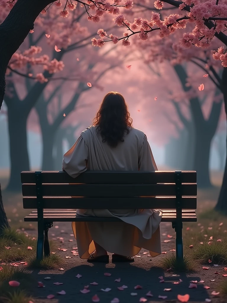 Create a realistic image of Jesus sitting on a park bench designed for two people. Jesus should be positioned with his back to the viewer, at a 45-degree angle, with detailed focus on his robes and hair. The scene should evoke a sense of suspense, featuring a landscape with cherry blossom trees and cherry blossom petals falling from the sky amidst the twilight. The overall atmosphere should be mysterious and intriguing, with dim, diffuse lighting and a subtle mist to enhance the sense of suspense."